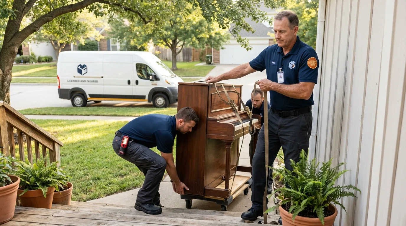 Licensed piano movers securing grand piano in Sandoval, IL