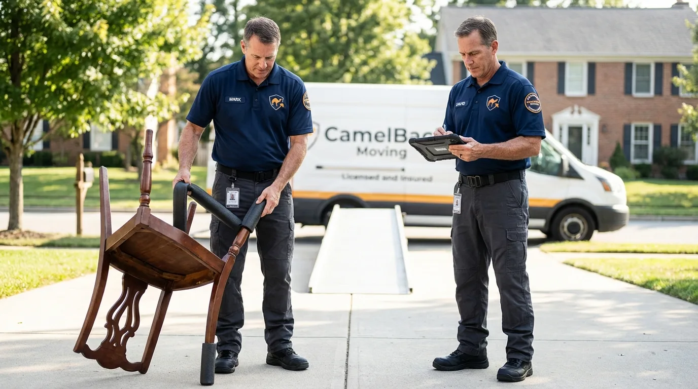 Movers inspecting furniture for damage prevention before loading in Sandoval, IL