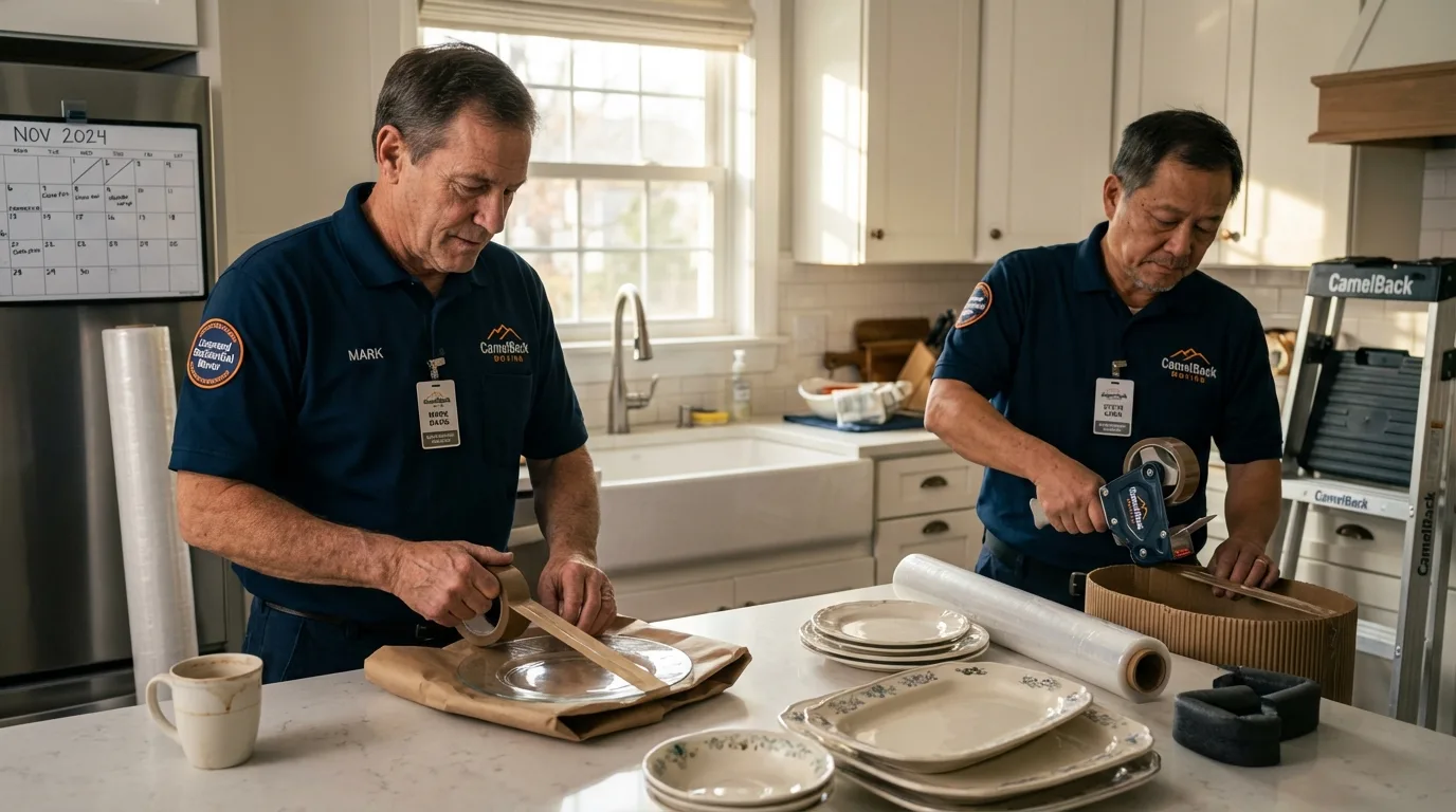 Professional crew packing kitchen dishware in Sandoval, IL